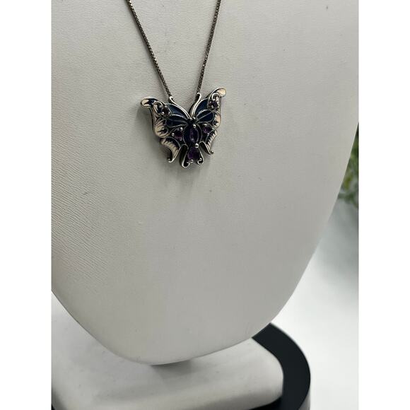 Vintage Sterling Silver Butterfly Pendant Amethyst Enamel 17" Box Chain Italy - Picture 12 of 13